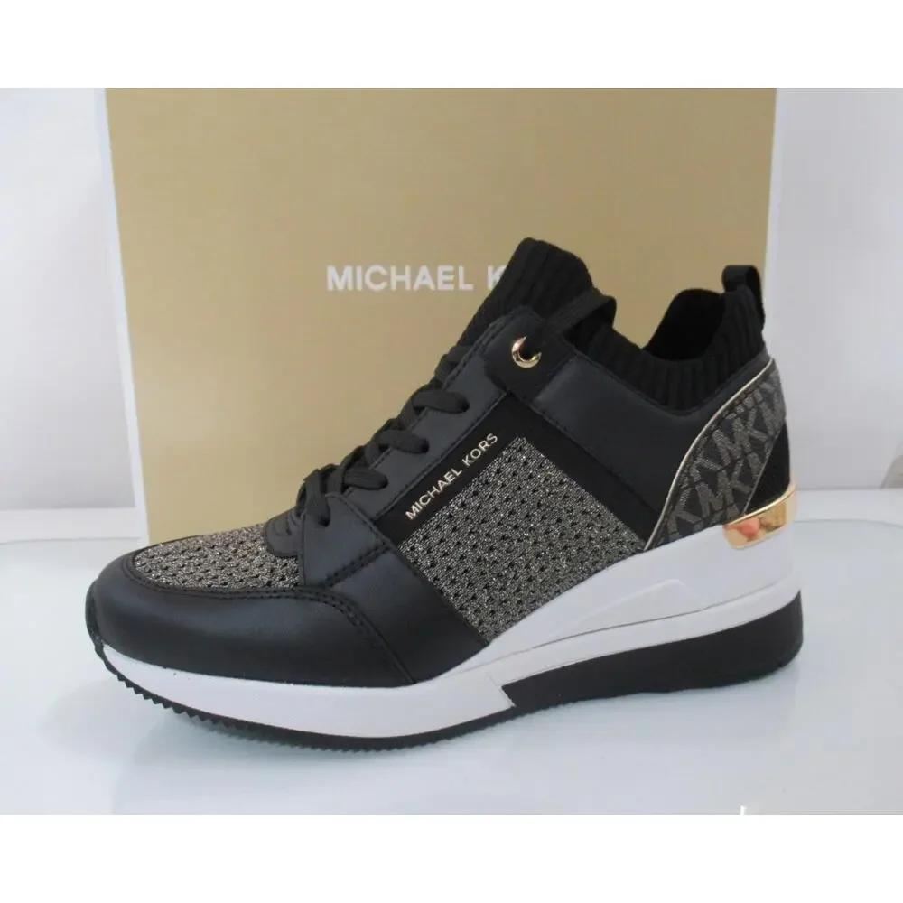 Michael Kors Georgie Knit Trainer Wedge Sneakers Laces MK Logo Black/Gold Size 8